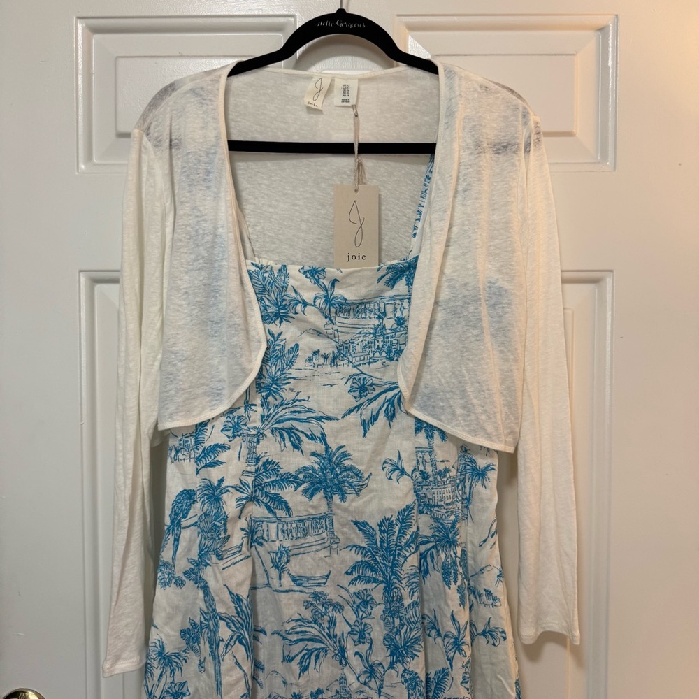 NWT JOIE Dress Shrug Set Blue White Palm-print Toile Linen Cotton Dress Size 12 - Picture 3 of 16